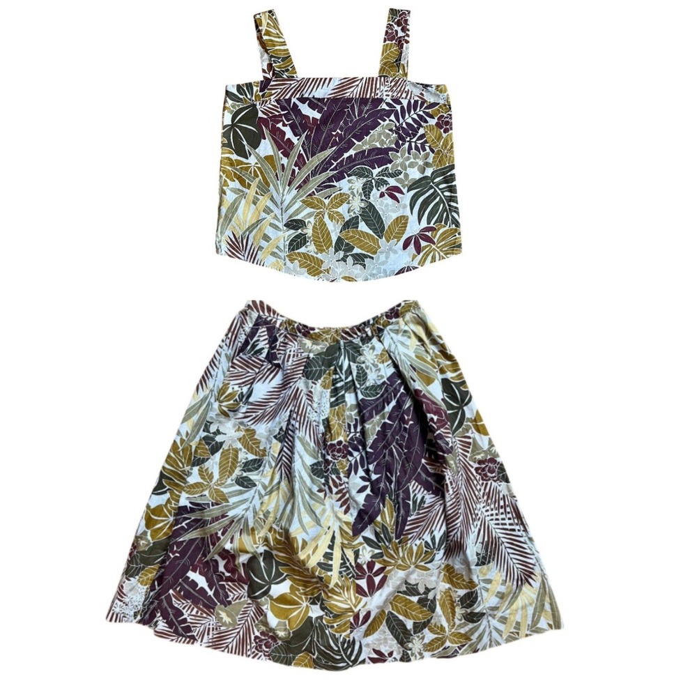 Vintage 60s 70s Tropical Botanical 2 Piece Set‎ Tank Top & Pleated Midi Skirt
